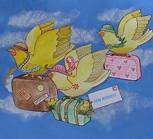 Yellow Birds on the Move with Luggage to New Home by Laura J. Holman