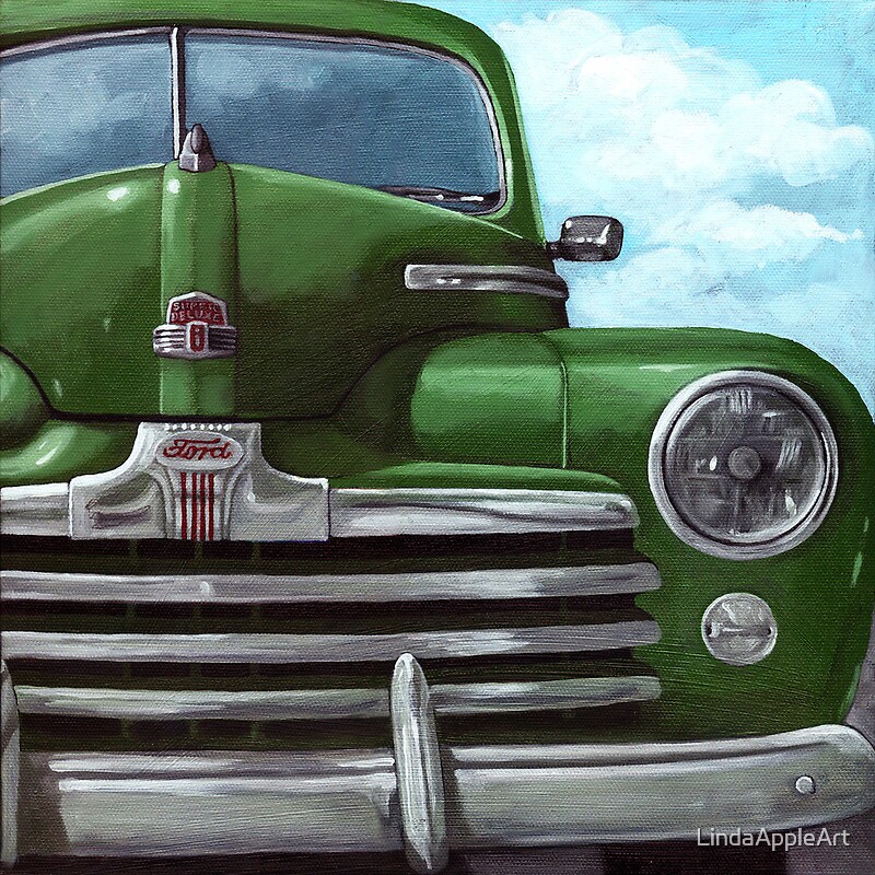"Vintage 50's Green Ford oil painting" by LindaAppleArt Redbubble