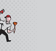 Plumber With Monkey Wrench And Plunger Cartoon by patrimonio