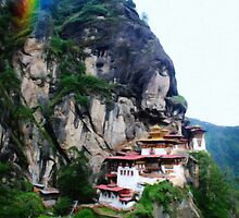 Tigers Nest Bhutan and prayer flags 4 rainbow by Adam Asar