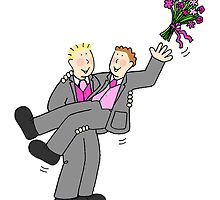 Two grooms throwing bouquet. by KateTaylor