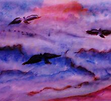 Seagulls fight the waves for fish, watercolor by Anna Lewis
