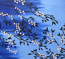 Cherry blossom peach / apricot and blue with snow flakes by cathyjacobs
