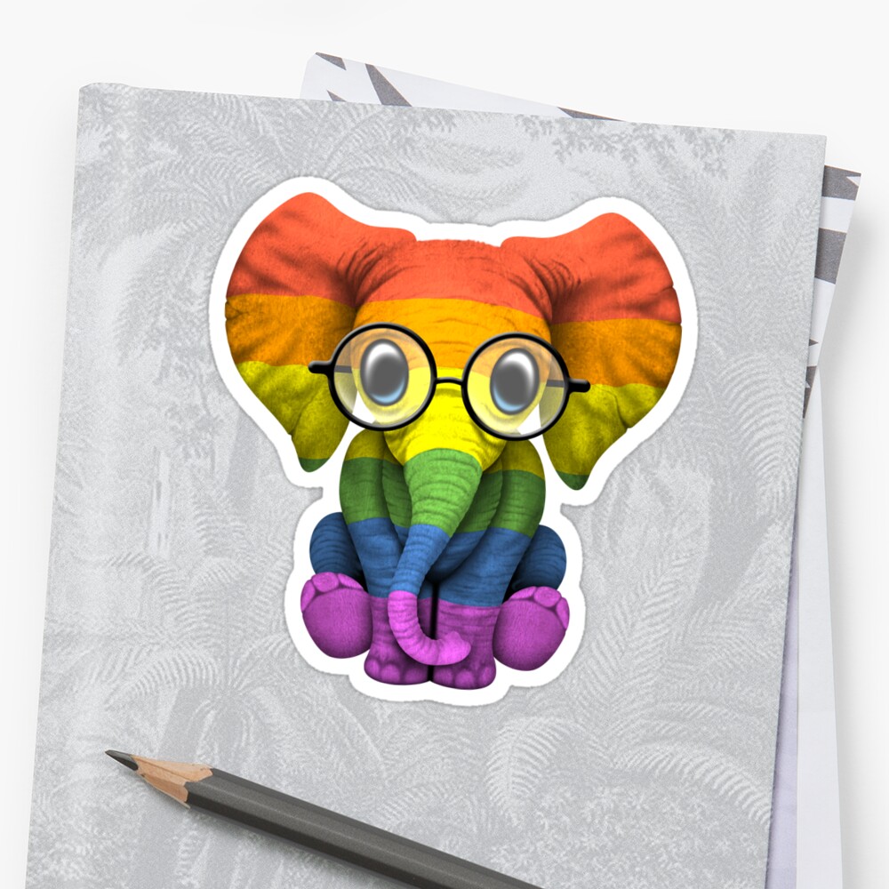 Baby Elephant With Glasses And Gay Pride Rainbow Flag Sticker By