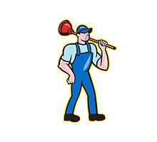 Plumber Holding Plunger Standing Cartoon by patrimonio