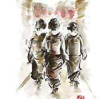 Geisha Japanese woman women in kimono walking on street run rain project design original Japan painting art by Mariusz Szmerdt