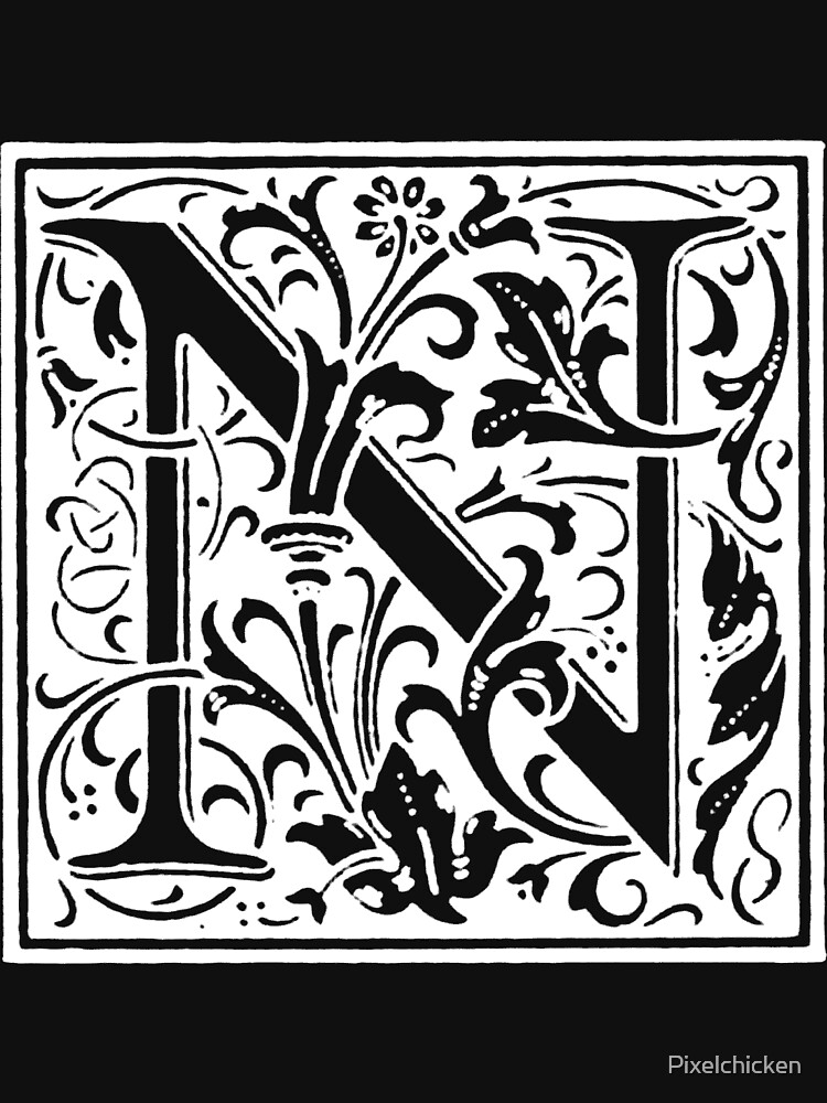 william morris renaissance style cloister alphabet letter n essential t shirt by pixelchicken lettering alphabet art nouveau design illuminated letters