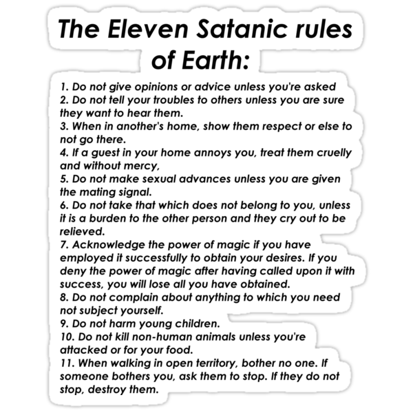 "The Eleven Satanic Rules Of Earth" Stickers By Fandomsshit | Redbubble