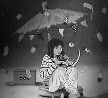 Tea Party with girl and French Bulldog on the Moon by tomuato