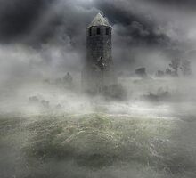 Foggy landscape with dark tower by JBlaminsky