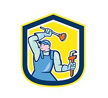 Plumber Wielding Plunger Wrench Shield Cartoon by patrimonio