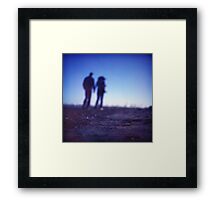 Romantic couple walking holding hands on beach in blue Medium format color negative film photo Framed Print