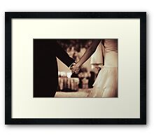 Bride and groom holding hands black and white film silver gelatin sepia fine art analog wedding photo Framed Print