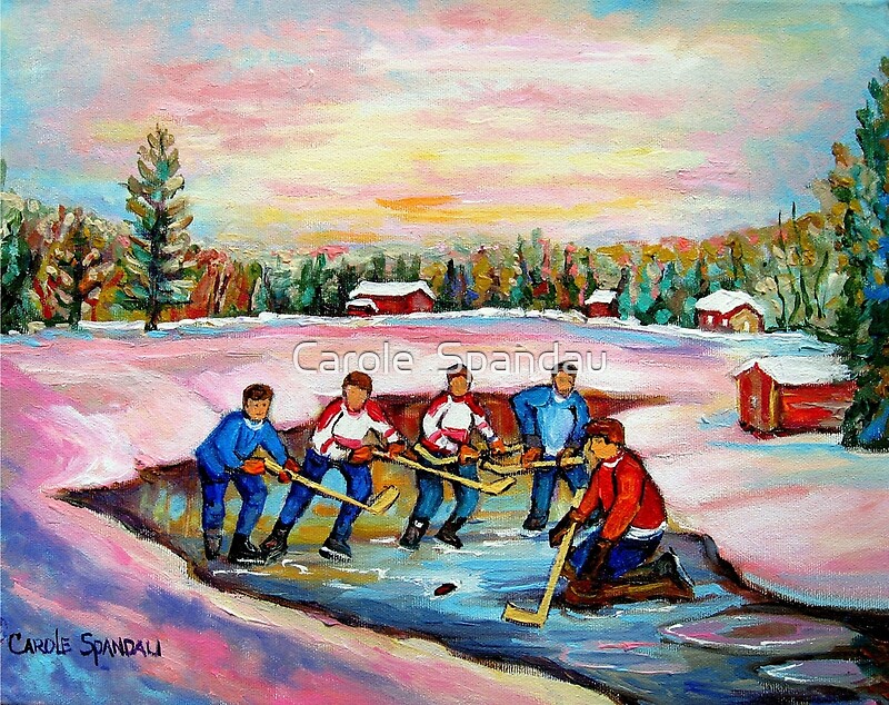 POND HOCKEY ON FROZEN LAKE CANADIAN WINTER SCENES PAINTING CAROLE