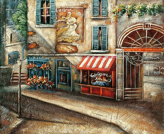 "Cobblestone Street with Shops Oil Painting" by LesMoments Oil Painting