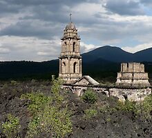 Church buried in lava, Uruapan, Mexico. by Peter Fletcher