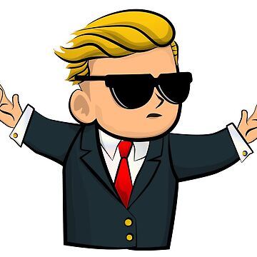 Wall Street Bets logo. Young trader in suit and tie hands outstretched like Bud Fox. Sunglasses and blond wavy hair. 