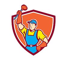 Plumber Holding Plunger Up Shield Cartoon by patrimonio