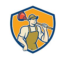 Plumber Holding Plunger Shield Cartoon by patrimonio