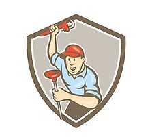 Plumber Wrench Plunger Front Shield Cartoon by patrimonio