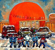 HOCKEY GAME AT THE ORANGE JULEP MONTREAL STREET SCENE PAINTING by Carole Spandau