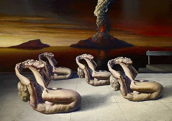 Four clones worshipping a volcano by Jan Esmann