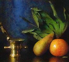 Mortar and Fruit - Pastels by Gilberte