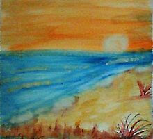 Bright Orange Sunset on Shoreline, watercolor by Anna Lewis