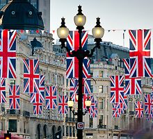 UK. London. Regent Street. Union Jack decorations for Royal Wedding. by Alan Copson
