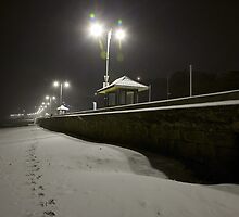snow falling on the sea wall at night by benedictwells