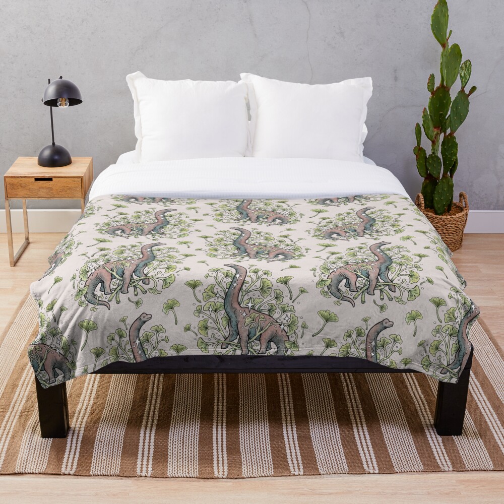 Brachio Ginkgo | Calm Color Palette | Dinosaur Botanical Art Throw Blanket