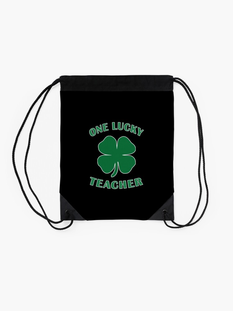 Alternate view of Lucky Teacher St Patrick Day Irish Shamrock gift. Drawstring Bag