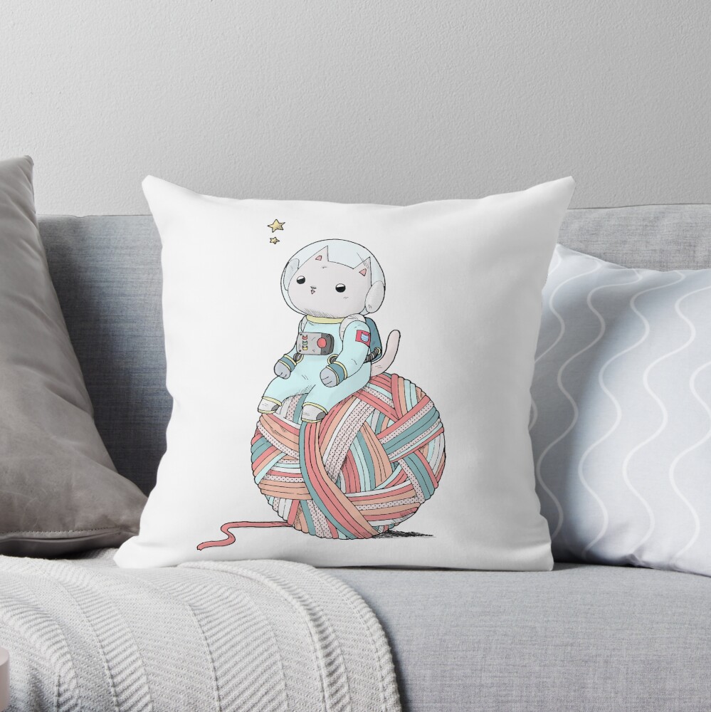Space Cat on Planet Yarn Ball Throw Pillow