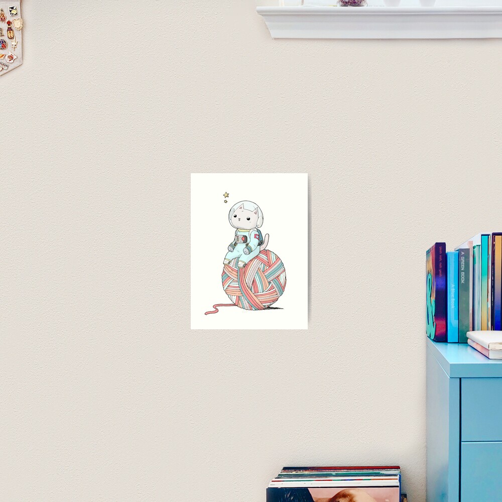 Space Cat on Planet Yarn Ball Art Print