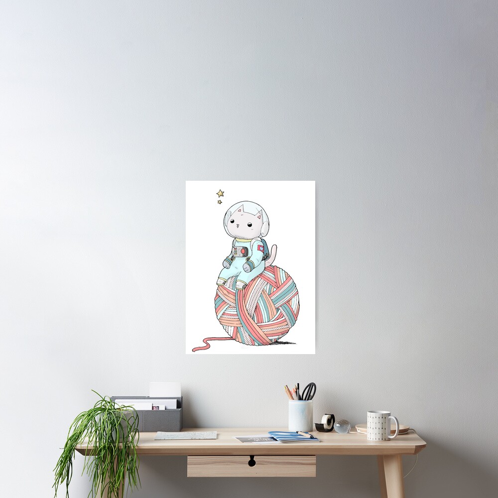 Space Cat on Planet Yarn Ball Poster