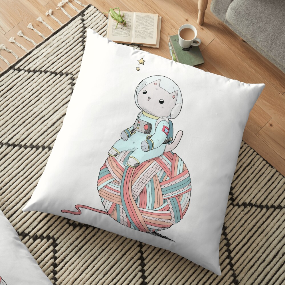Space Cat on Planet Yarn Ball Floor Pillow