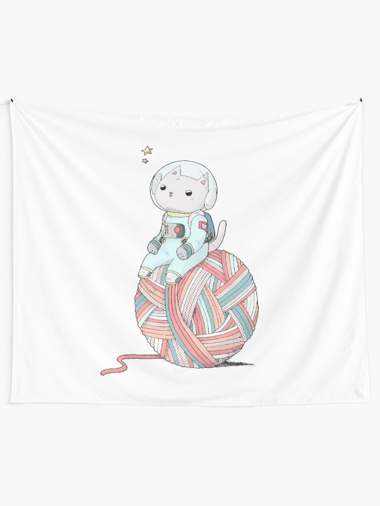 Alternate view of Space Cat on Planet Yarn Ball Tapestry