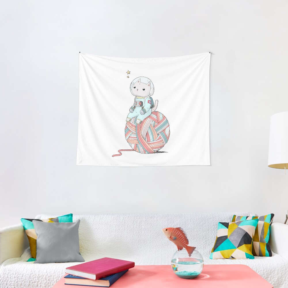 Space Cat on Planet Yarn Ball Tapestry
