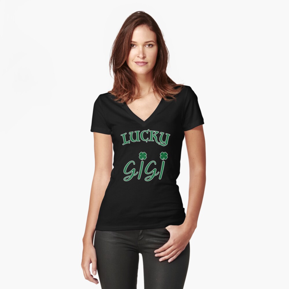 Lucky Gigi St Patrick Day Grandma Shamrock gift. Fitted V-Neck T-Shirt