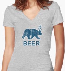Vintage Beer Bear Deer Women's Fitted V-Neck T-Shirt