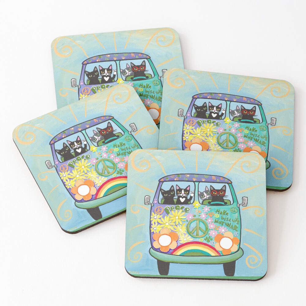 Peace and Love Hippie Road Trip Cats Coasters (Set of 4)