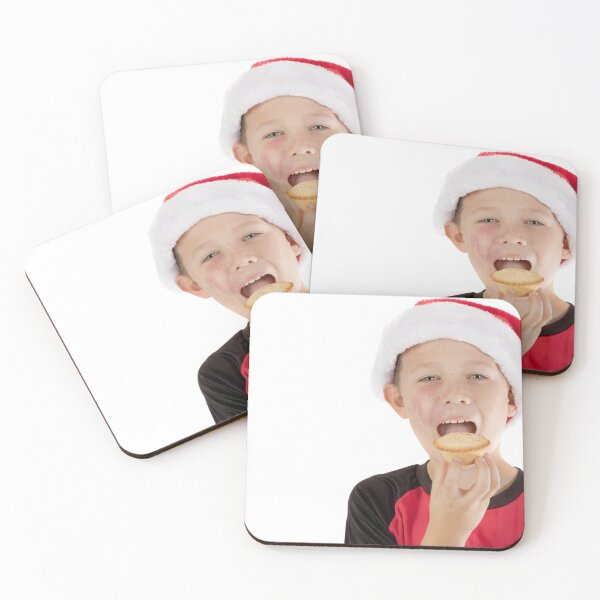 Pre-teen boy about to eat a mince pie Coasters (Set of 4)
