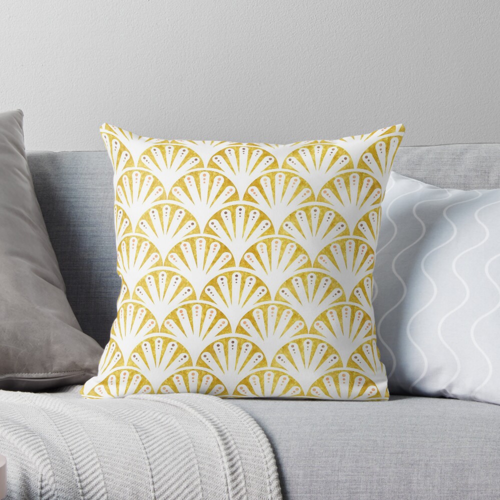 Art deco gold and white fan pattern Throw Pillow