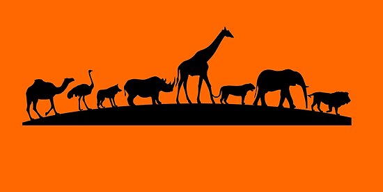Africa Wildlife Silhouette of Giraffes Elephant Birds on Glossy Poster Print
