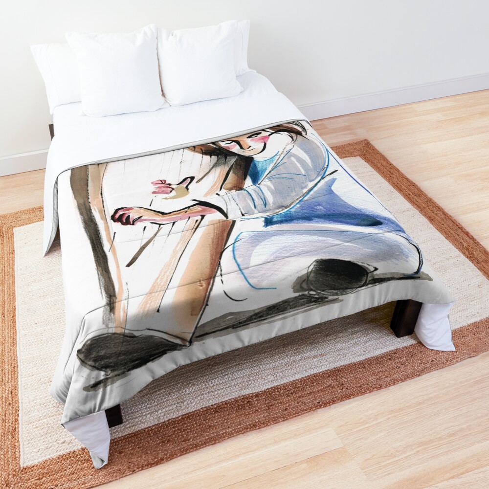 Harpist Harp Musician Original Drawing Comforter