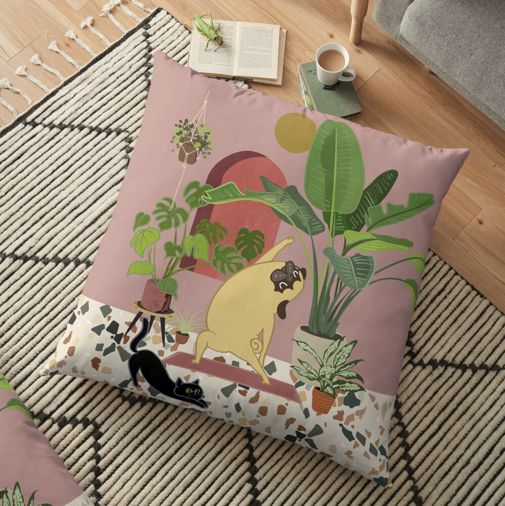 Pug Yoga with Plants Floor Pillow