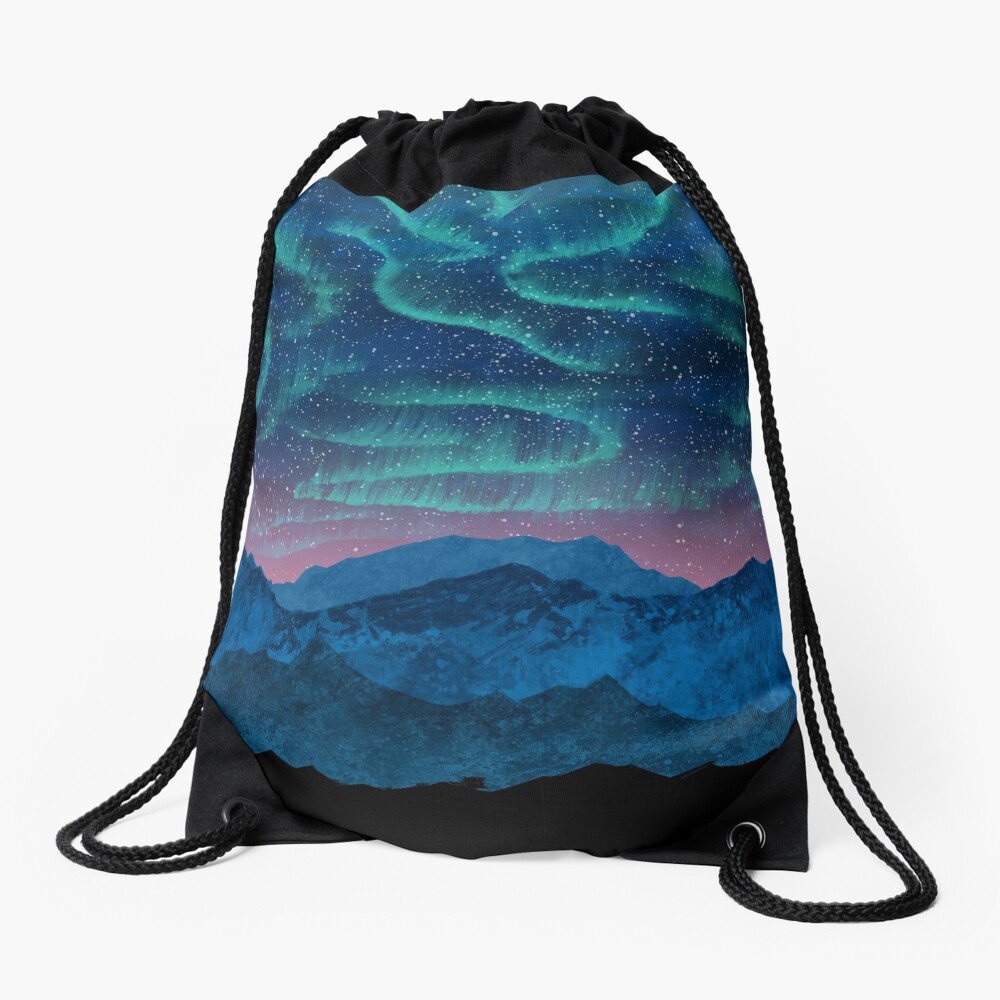 Aurora borealis over mountains Drawstring Bag
