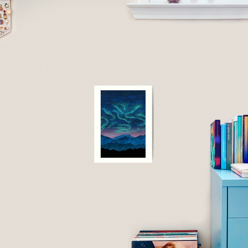 Aurora borealis over mountains Art Print