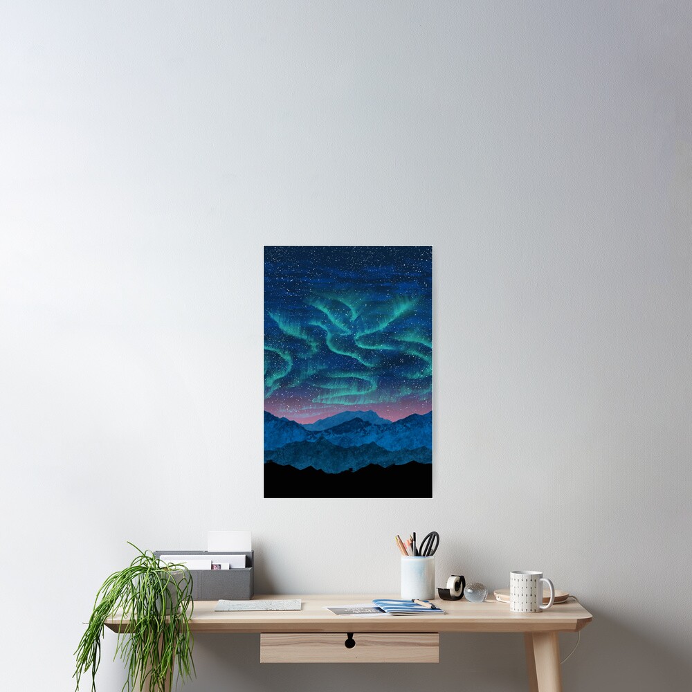 Aurora borealis over mountains Poster
