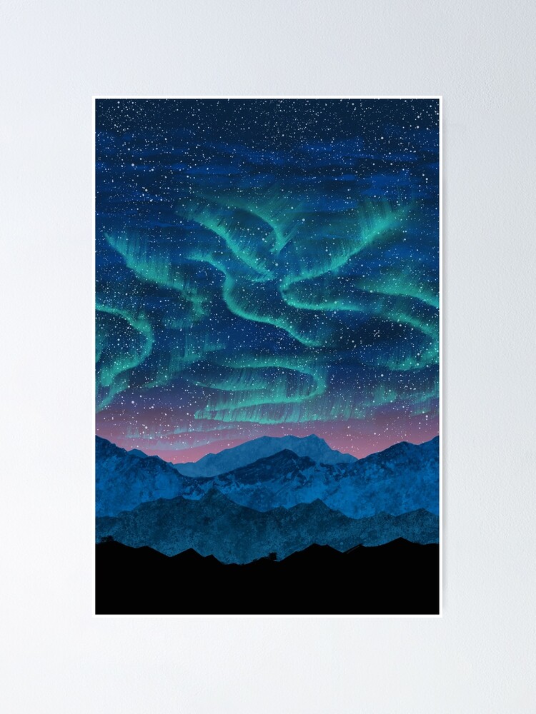 Alternate view of Aurora borealis over mountains Poster